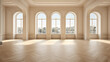wide open room with light hardwood flooring and windows, in the style of danish golden age