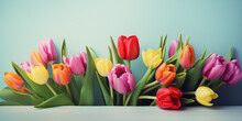 Beautiful Spring Background, Colorful Tulips On A Blue Background