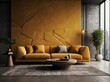 Mustard luxury sofa near chic and unique stone textured paneling wall