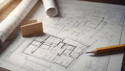 Wall Mural - Plan of house with blueprints