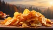 Tasty potato chips on blurred defocused background with ample copy space for creative text placement