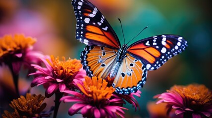 Wall Mural - Vibrant butterfly on orange flowers