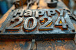 Happy 2024 iron plaque on table. Happy New Year 2024 Design.