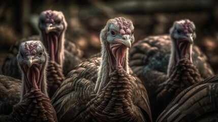 Large flock of turkeys in wild forest in close view