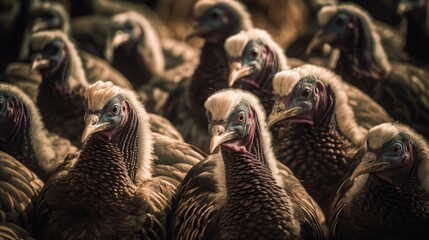 Large flock of turkeys in wild forest in close view