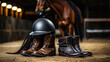 leather boots for equestrian sports on the background of a stable, arena, hippodrome, horse, farm, clothing, accessory, jockey, rider, handmade, village, countryside, helmet