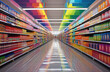 colorful supermarket store aisle with shelves,  rainbow color design for display background
