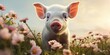 a cute baby pig that is in a field of flowers, generative AI