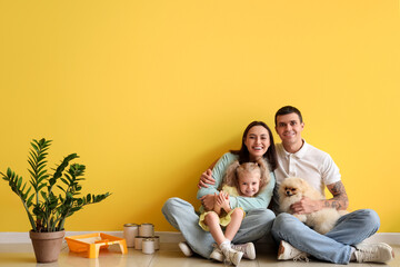 Poster - Happy family hugging during repair of their new house