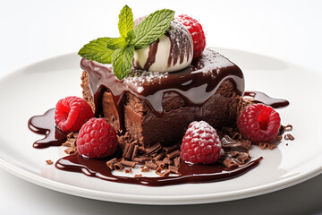 Wall Mural - Piece of chocolate cake with raspberries on plate on white background.