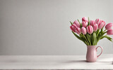 Fototapeta Tulipany - Beautiful pink tulips in a vase. Space for text. Generative AI
