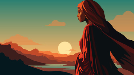 A beautiful woman in a red cloak with a headdress standing in front of an epic desert sun setting behind the mountains.