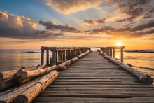 Pier With Weathered Wooden Logs At Sunset