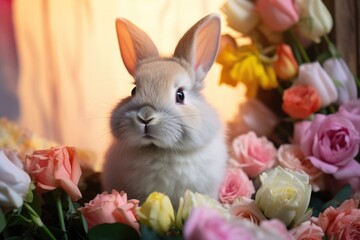 A small rabbit is sitting in a flower bed. Generative AI.