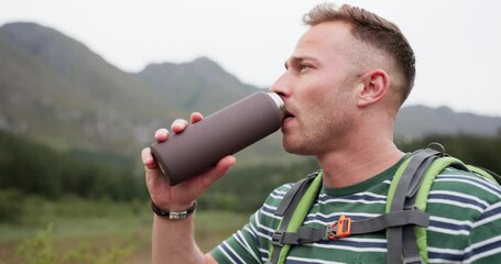 Wall Mural - hiking, fitness or tired man drinking water in forest for training, adventure or morning exercise in
