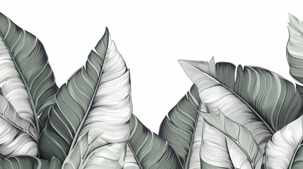 Exotic white banana leaves with a black outlines