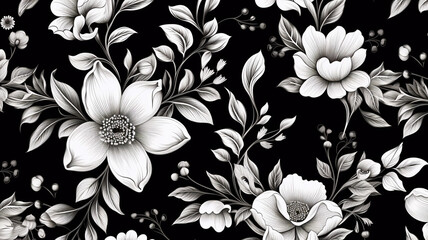 Wall Mural - Vintage seamless black and white floral pattern wallpaper illustration