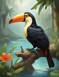 a charismatic toucan bird perched on a branch by the river PNG
