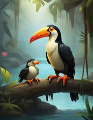 illustration of a toucan bird standing on a tree branch with its young on the river bank PNG