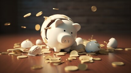 A ceramic piggy bank that's neatly cracked open, two separate piles of coins on either side, photo, realistic.