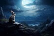 A contemplative rabbit perched on a rocky outcrop, gazing at the moonlit horizon in a beautifully sketched scene.