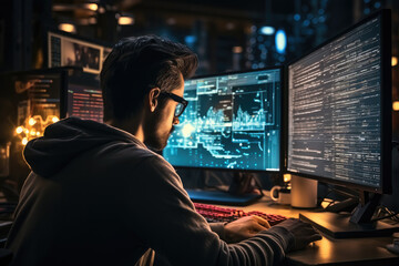Poster - Software engineer looking at code on monitor. Generative AI.