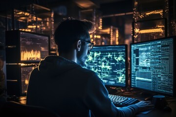 Software engineer looking at code on monitor. Generative AI.