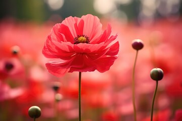 Wall Mural - poppy flower in the garden, selective focus, vintage color tone, A ladybug sitting on a red flower against a blurred background, AI Generated