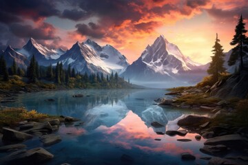 Wall Mural - Mountain landscape with lake and forest at sunset. Digital painting, A mountain lake, AI Generated