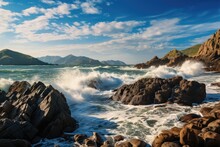 Seascape With Waves Crashing Against The Rocks On A Sunny Day, A Rocky Beach Landscape View With Rough Sea Waves And Beautiful Sky, AI Generated