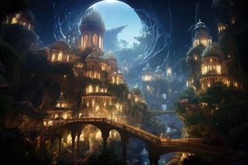 Wall Mural - Beautiful fantasy landscape in the fantasy world. Artistic style, A thriving hidden oceanic civilization with enchanting architecture, bioluminescent plants, and mysterious inhabitants, AI Generated