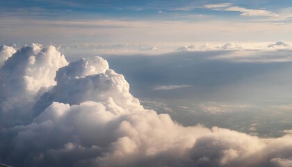 Wall Mural - High nature view large white clouds on soft sky background in the morning, View of white cloudy on the plane.

