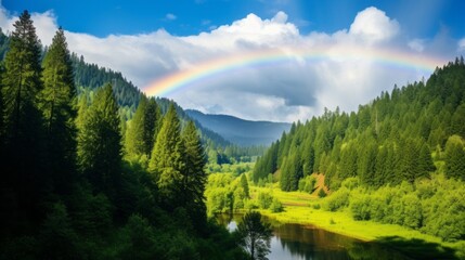 Canvas Print - A rainbow arcing over a lush green forest