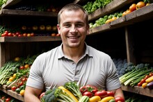 Healthy Fit Man In Good Shape Who Likes To Eat Vegetables And Stay Healthy In Shape, Loving Healthy Life And Good Balanced Diet Consisting Of Fruits And Vegetables