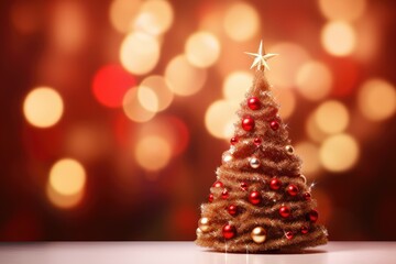 Wall Mural - Christmas tree on bokeh background. Christmas and New Year concept, Christmas tree with ornament and bokeh lights in a red background, AI Generated