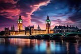 Fototapeta Big Ben - Big Ben and Westminster Bridge at dusk, London, England, UK, Big Ben and the Houses of Parliament at night in London, UK, AI Generated