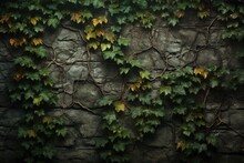 Grunge Stone Wall With Ivy Leaves. 3d Rendering, Capture The Medieval Texture Background In Nature, AI Generated