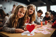 School kids happy making DIY Valentine's cards in classroom look at camera