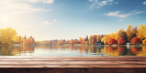 Wall Mural - Wooden table with waterside retreat. Immerse in breathtaking beauty of nature serene lakeside haven. Sun sets or rises warm rays paint sky with spectrum of colors casting golden glow over landscape