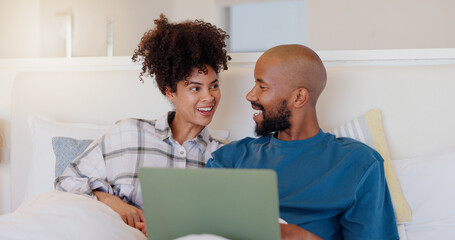 Sticker - Home, bed and black couple with a laptop, love or smile with website for comedy, internet or streaming a movie. Bedroom, apartment or man with woman, connection or film with romance, happy or bonding