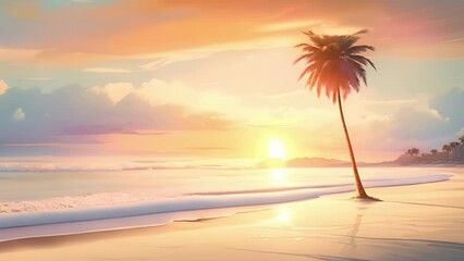 Wall Mural - A simple depiction of a serene beach scene, with a lone palm tree and a golden sunset in the background.