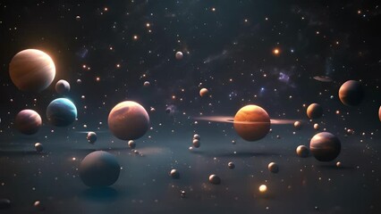 Wall Mural - Minimal animation of cosmic space Stars, planets, and galaxies floating and rotating in a serene cosmic background.