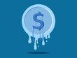 Depreciation of currency. coin melts into water. vector illustration