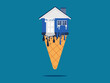 Real estate depreciates. The house melted like ice cream. vector illustration