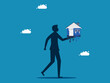 Real estate depreciates. man holding a melted house. vector illustration