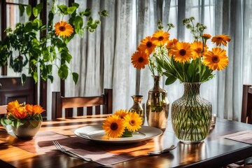 Poster - dining table with flowers in vase.