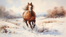 Brown Horse Runs In Winter Landscape
