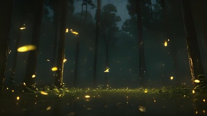 Wall Mural - Minimal animation of fireflies gently floating in a dark forest, illuminating the trees.