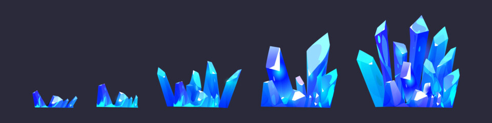 Wall Mural - Clusters of blue shining gemstone crystals for game level rank ui design. Cartoon rpg assets of growing pile of bright diamond raw material rocks. Vector illustration of mining treasure and jewel.