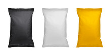 White, Black And Yellow Pillow Bag Of Chips, Snacks Or Candys. Top View, Transparent Background